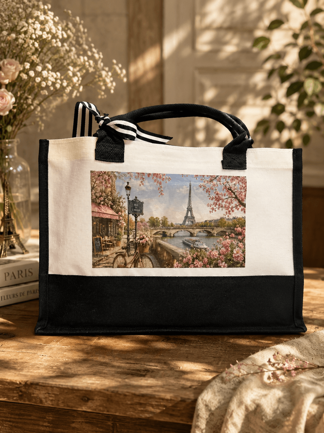 Springtime in Paris tote bag with an Eiffel Tower design