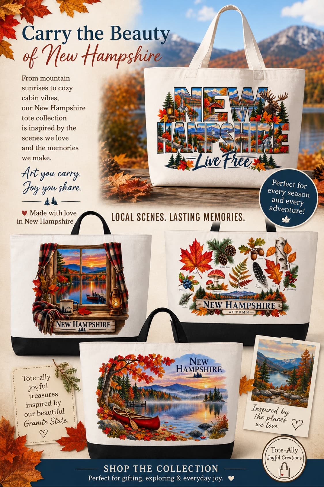 Four New Hampshire autumn tote designs in the Fall Tote Collection