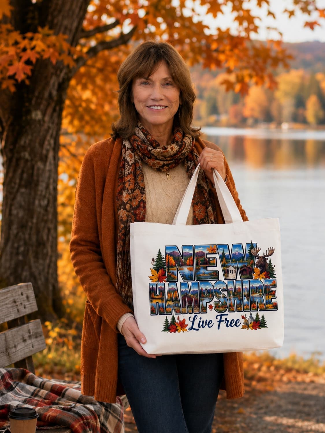 Model holding a New Hampshire Live Free fall tote among autumn foliage