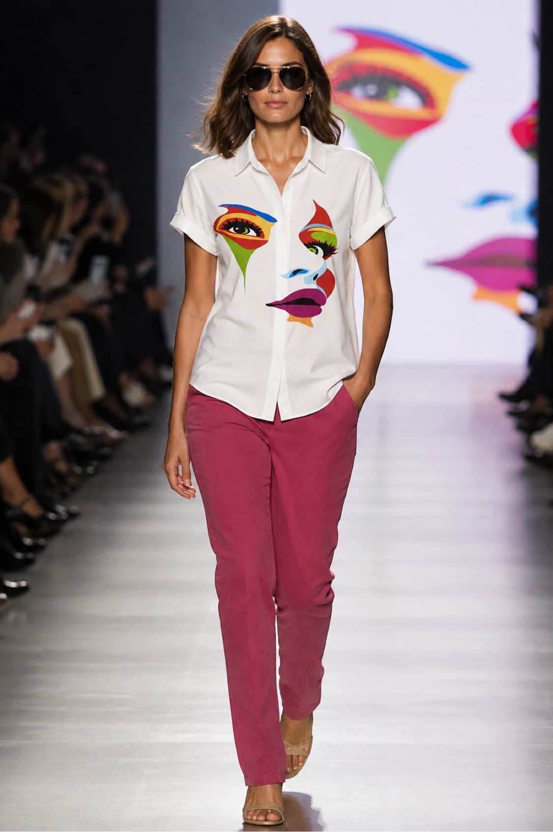 White short-sleeve button-up shirt featuring a bold colorful abstract face design